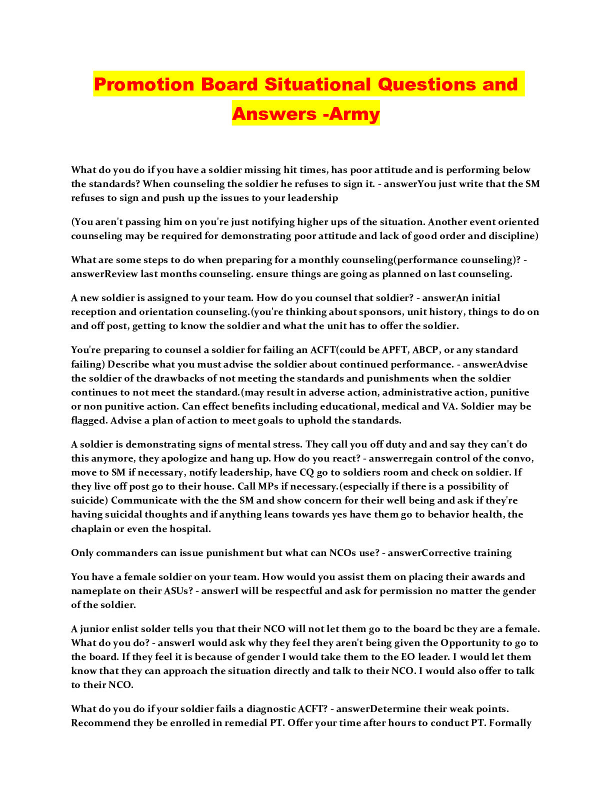 Promotion Board Situational Questions and Answers Army Scholarfriends